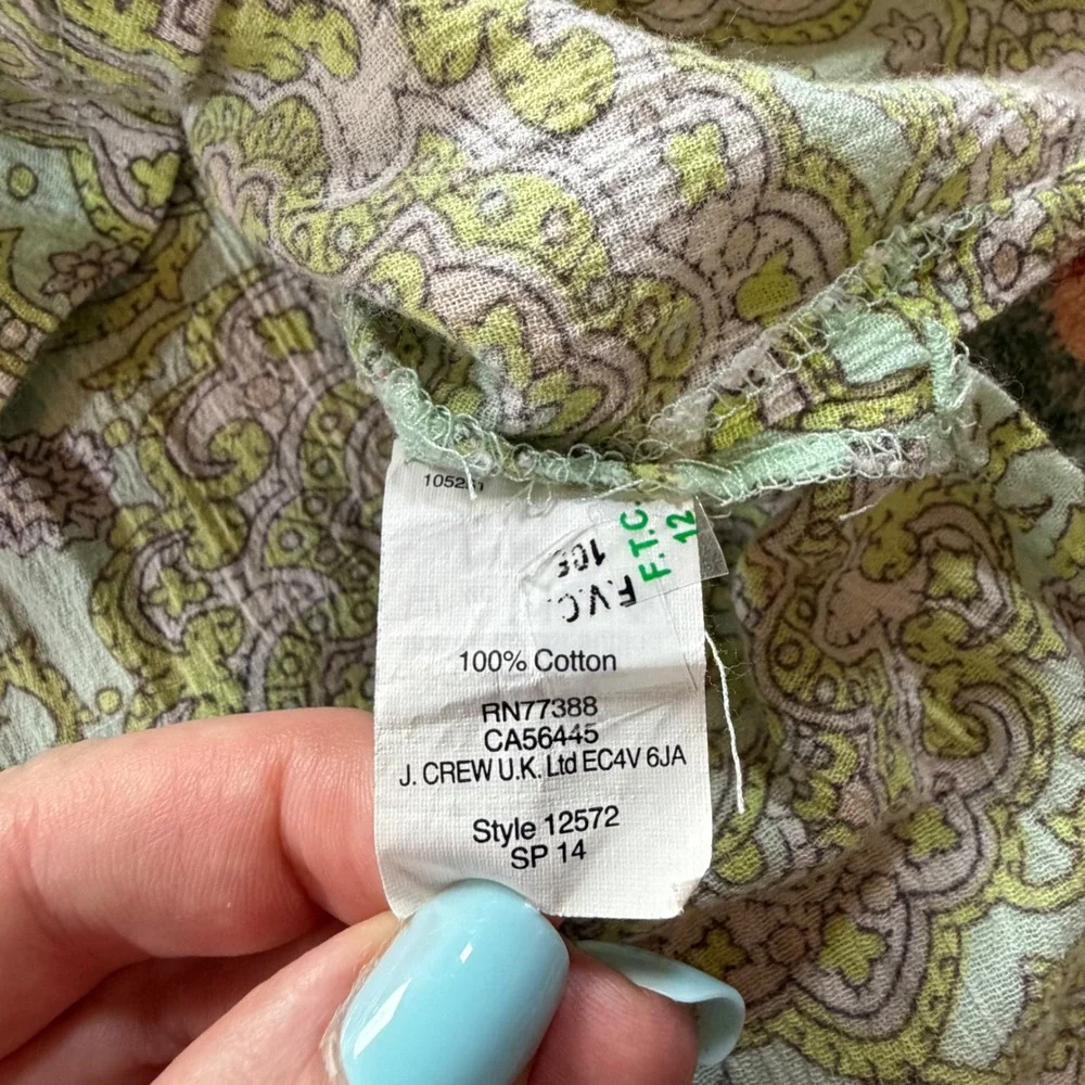 J.‎ Crew Womens Green Purple Paisley Medallion Cotton Tunic Top 12572 SP14 M